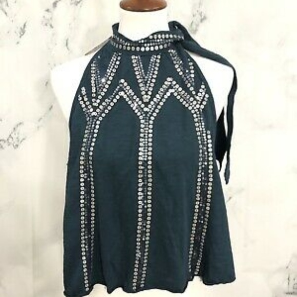 Free People Tops - FREE PEOPLE Turquoise Silver Sequin Halter Top NWT